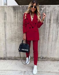 Елегантен дамски комплект сако с копчета и панталон в цвят бордо - код 4090