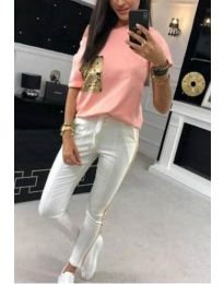 Дамски комплект блуза и панталон с пайети в розово - код 1298