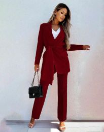 Дамски комплект сако с колан и панталон в цвят бордо - код 0477