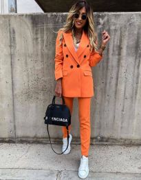 Елегантен дамски комплект сако с копчета и панталон в оранжево - код 4090